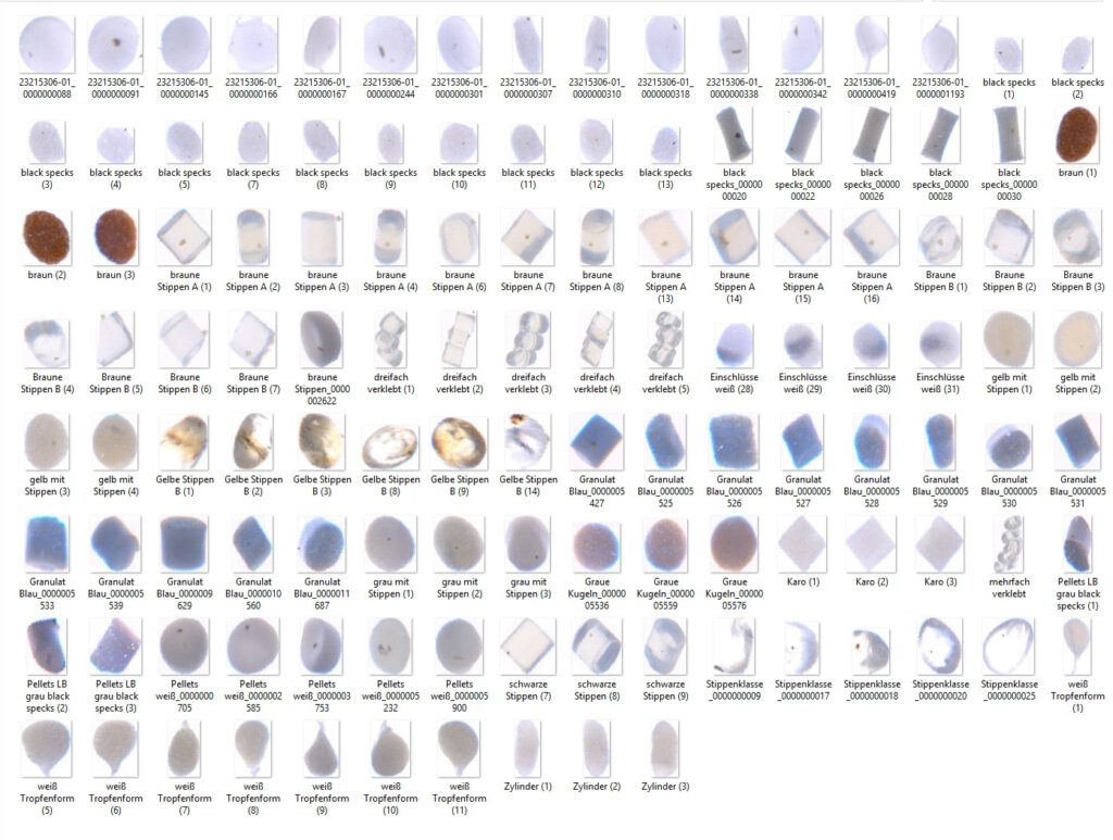 Kontrollbilder aus dem Pellspection-System, nach der Analyse
Man sieht schwarze Stippen und verschiedene Pelletformen und Farben in einer Übersicht